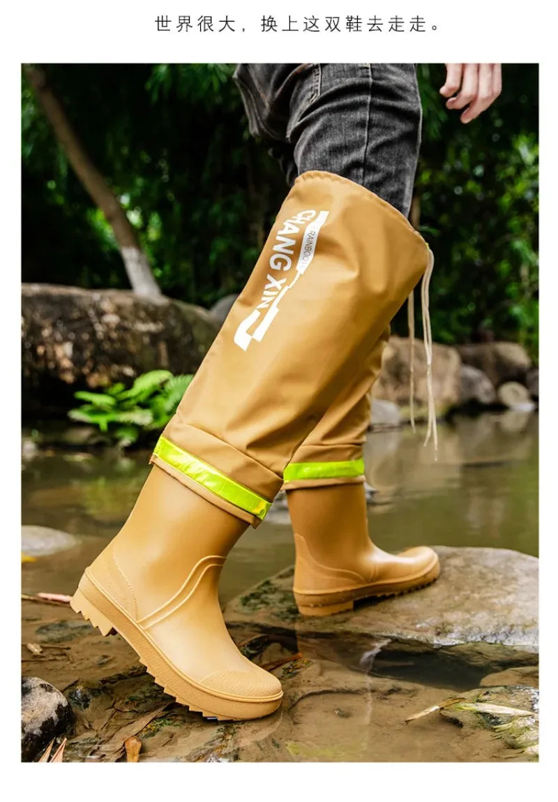 Botas de lluvia para hombre, botas de lluvia hasta la rodilla, impermeables, para pesca, de goma, tipo galocha, de caña larga.