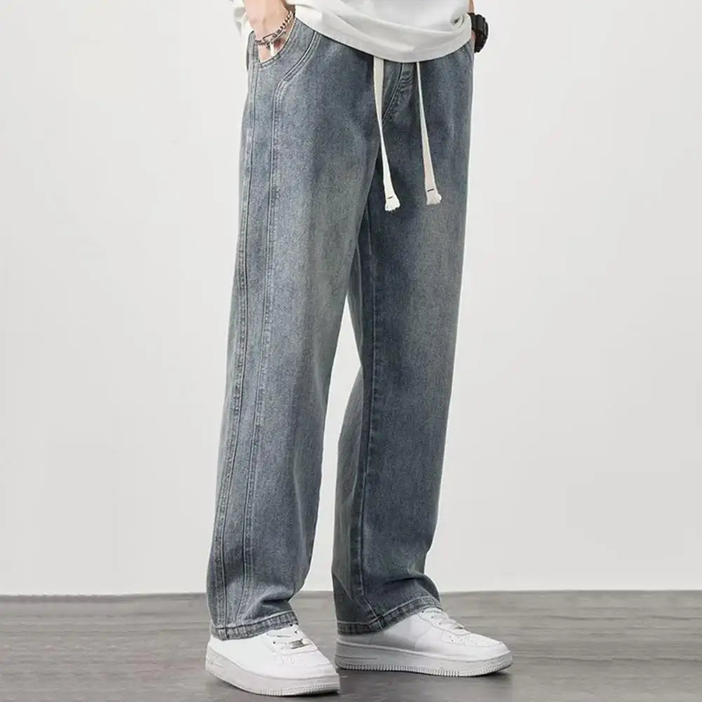 Men Elasticated Waist Jeans Men's Elastic Waist Drawstring Denim Pants Casual Straight Leg Jeans with for Summer for Comfort