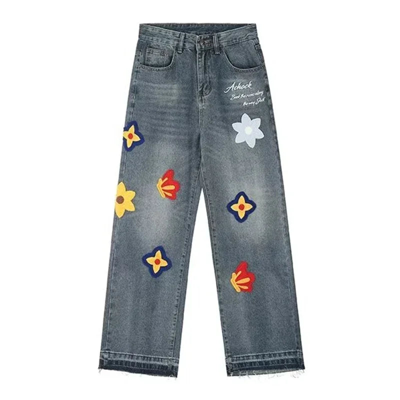 Autumn Y2K Vintage Flower Embroidery Jeans For Men Hip Hop Fashion Baggy Denim Pants Women's Streetwear Blue Straight Jean
