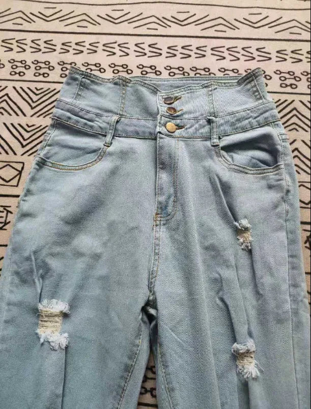 Women Fashion Stretch Ripped Distressed Skinny High Waist Denim Pants Trousers Slim Jeggings Ladies Spring Autumn Wear