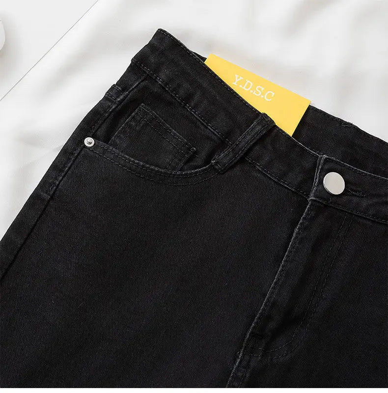 Pantalones vaqueros negros y grises para mujer, pantalones cortos adelgazantes, elegantes y versátiles, pantalones cortos para estudiantes, pantalones largos, corte entallado, silueta suavizante