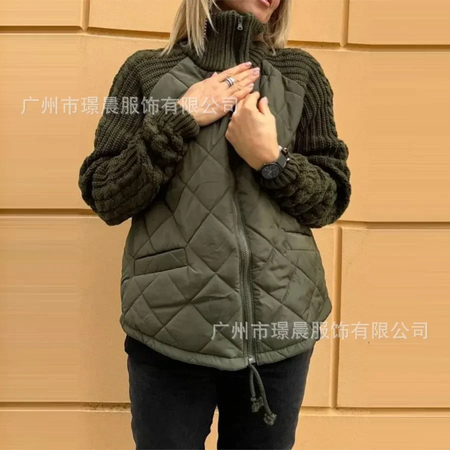 Women Autumn Winter Cardigan Zipper Long-sleeved Stand-up Collar Parka Jacket Coat Solid Color
