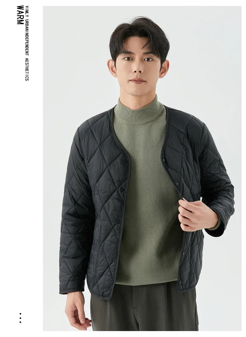 Men's Winter New Lightweight Single-breasted Padded Jacket with Pockets, Young Man Solid Color Argyle Casual Warm Padded Jacket