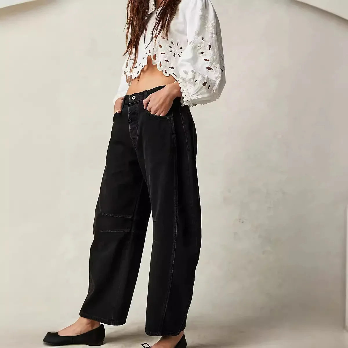 Pantalones vaqueros holgados de pierna ancha para mujer, decolorados, de color liso, de cintura alta, a la moda, hasta el tobillo