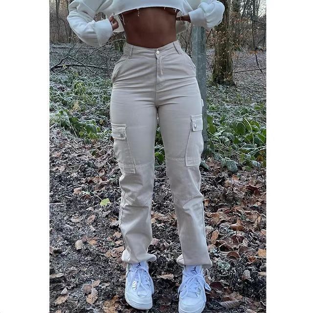 Pantalones vaqueros lisos de cintura alta y elásticos para mujer, novedad de otoño 2023, ropa de trabajo para mujer con bolsillo, pantalones vaqueros rectos, pantalones cargo.