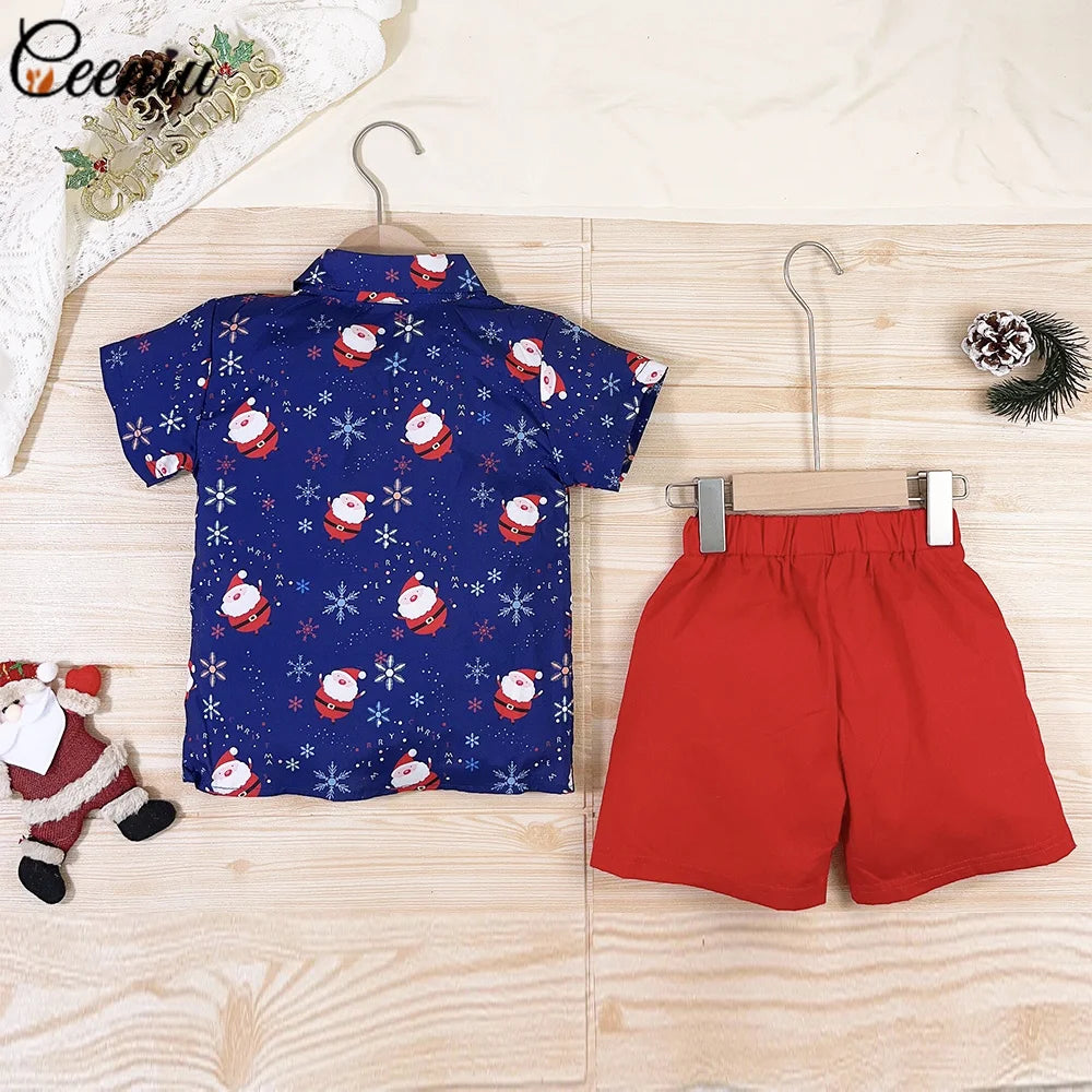 Ceeniu 1-5Y New Year Costume For Boy Christmas Outfit Santa Deer Printed Necktie Shirts and Red Pants Children Christmas Clothes