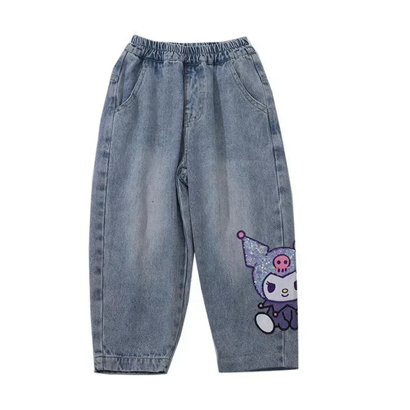 2024 New Sanrio Kuromi Kids Jeans Cute Cartoon Retro Loose Fashion Elastic Waist Children Versatile Jeans Toys for Girl Gifts
