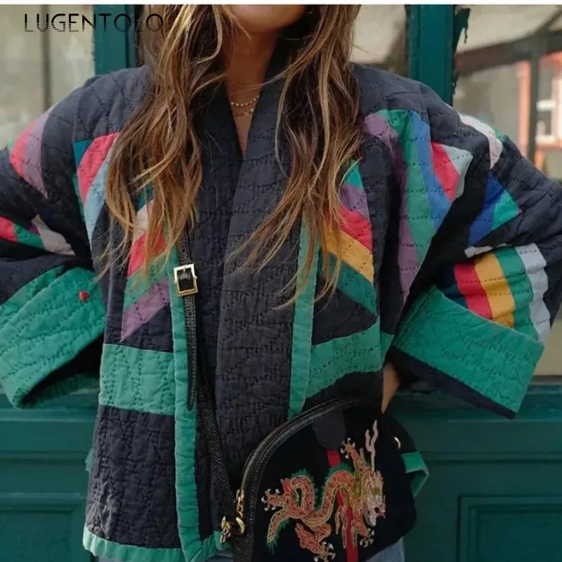 Women Casual Parka Fall-Winter 2024 Fashion Geometric Print Spliced Jacket Vintage Lapel Kimono Cardigan Elegant Thermal Tops