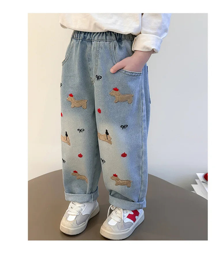 2025 New Girls Jeans Loose Straight Leg Pants for Toddler Baby Casual Wear Spring Autumn
