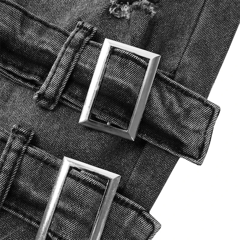 2025 New Men Slim Biker Ripped Long Denim Trousers Skinny Jeans Side Straps Zips Male Jogging Pants Destroyed Stretchy Pants