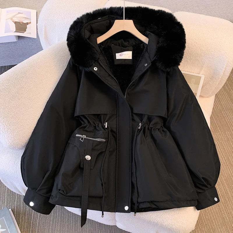 New Women's Cotton-Padded Plush Warm Coat 2024 Autumn Winter Parkas Coat Women's Long Sleeve Zipper Hooded Drawstring Parkas