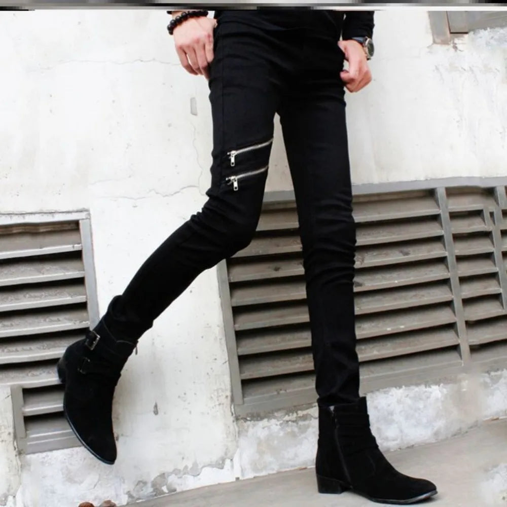 Pantalones vaqueros casuales con cremallera de diseñador para hombre, pantalones vaqueros de mezclilla, primavera y otoño 2024, nuevos pantalones de tubo elásticos negros ajustados de moda coreana para hombre