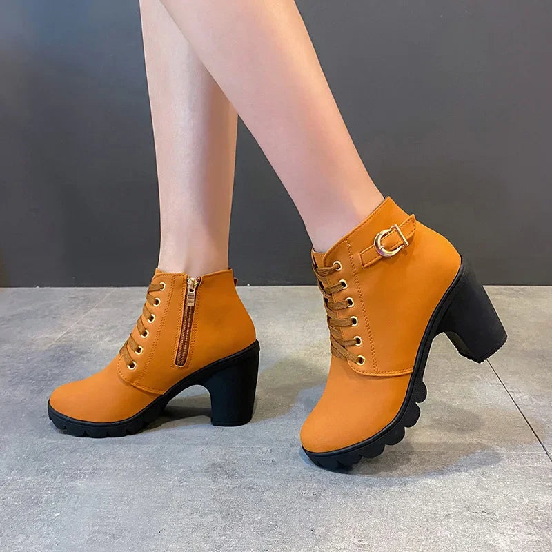 Women Boots Lace Up Ankle Boots Spring Fashion Outdoor Pumps Boots Black Buckle High Heel Boot Plus Size Platform Women Shoes