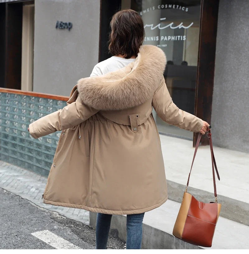 Cotton Liner Parker Women Long Coat Parka Coats Adjustable Waist Fur Collar Winter Jacket Coat Medium Long Hooded Parka Jackets