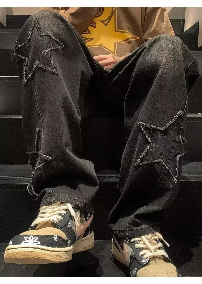 Pantalones vaqueros rectos informales con bordado de estrellas para hombre, estilo gótico, neutros, nuevos, holgados, de pierna ancha, estilo hip-hop, estilo urbano, pantalones vaqueros Y2K para hombre