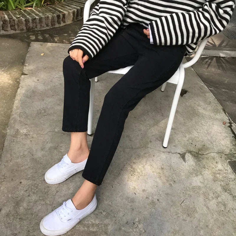 Pantalones vaqueros rectos de cintura alta, holgados, informales, de corte petite, color negro, para mujer, primavera y otoño de 2024