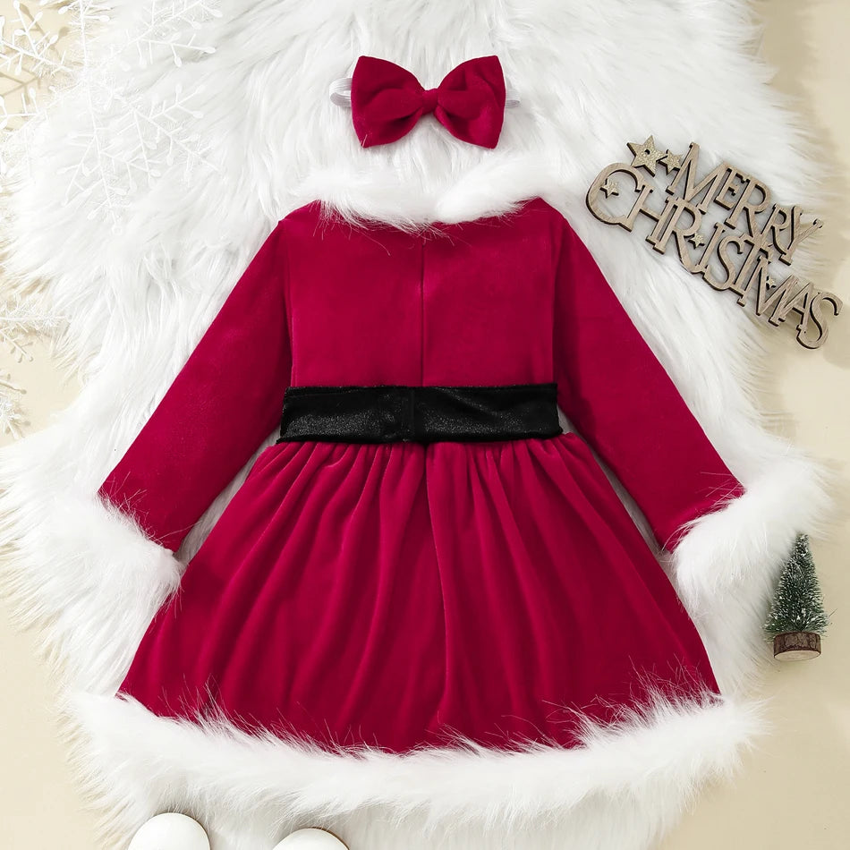 Children Christmas Party Dress Velvety with Fluffy Trim Hooded V-Neck Xmas Gown with Waist Bow Girl Red Christmas Dress