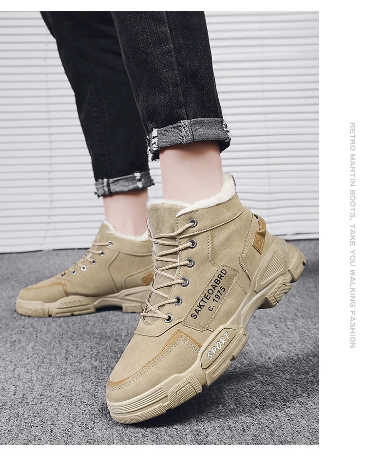 Botas nuevas para hombre, de invierno, de felpa, para la nieve, estilo casual, para exteriores, con cordones, cálidas, antideslizantes, hasta el tobillo.