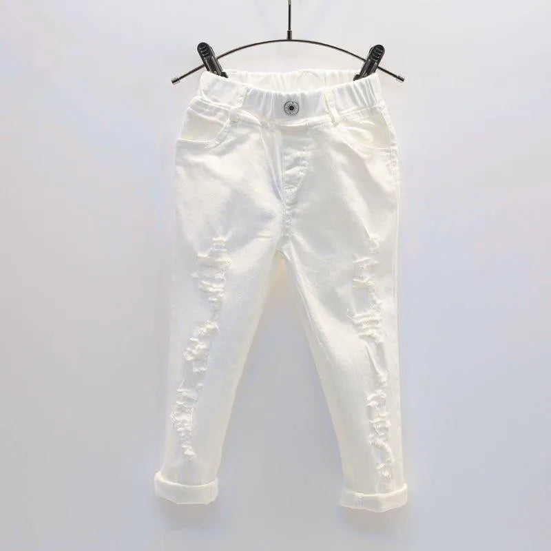 Pantalones vaqueros blancos de mezclilla para niñas y niños de otoño 2025, pantalones rotos para niños de 2, 3, 4, 5, 6 y 7 años