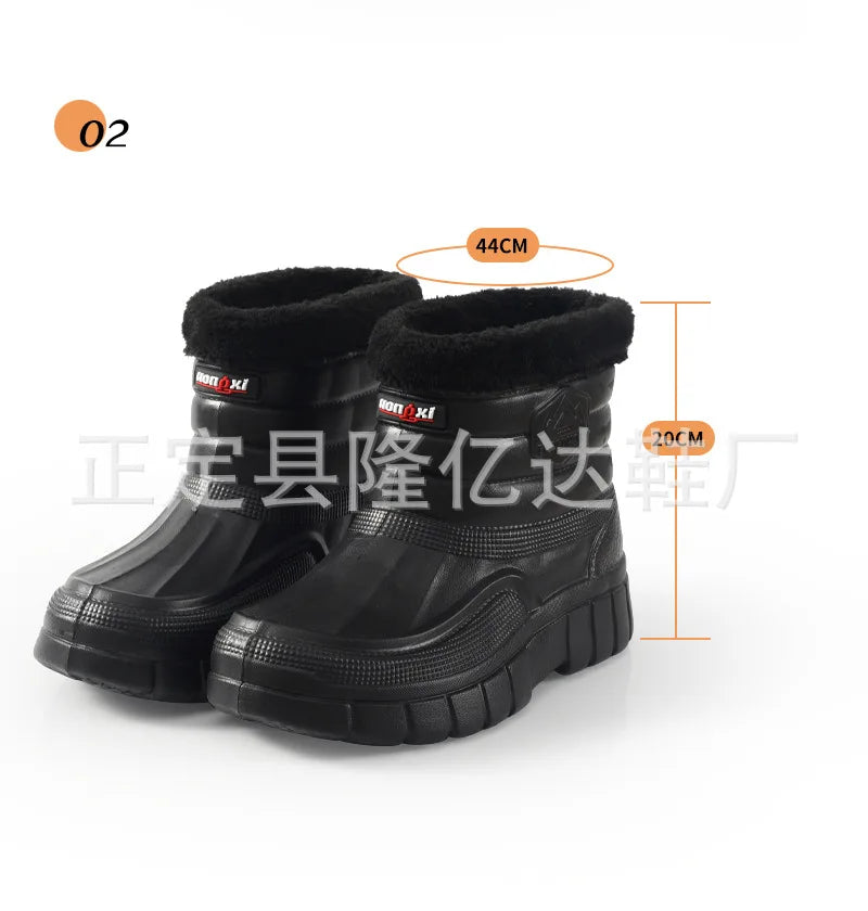 Winter Rain Boots Men Windproof Work Shoes Ankle EVA Rainboots Plush Warm Lightweight Black Slip On Anti-slip Wear-resistant