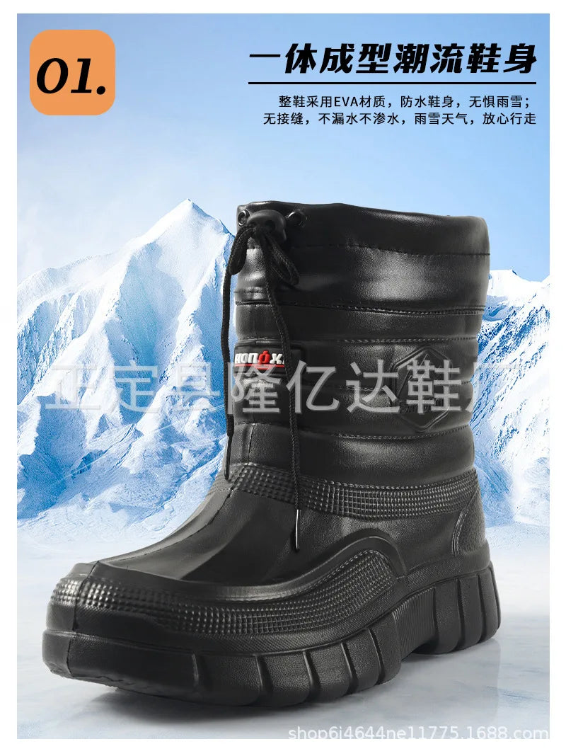 Winter Rain Boots Men Windproof Work Shoes Ankle EVA Rainboots Plush Warm Lightweight Black Slip On Anti-slip Wear-resistant