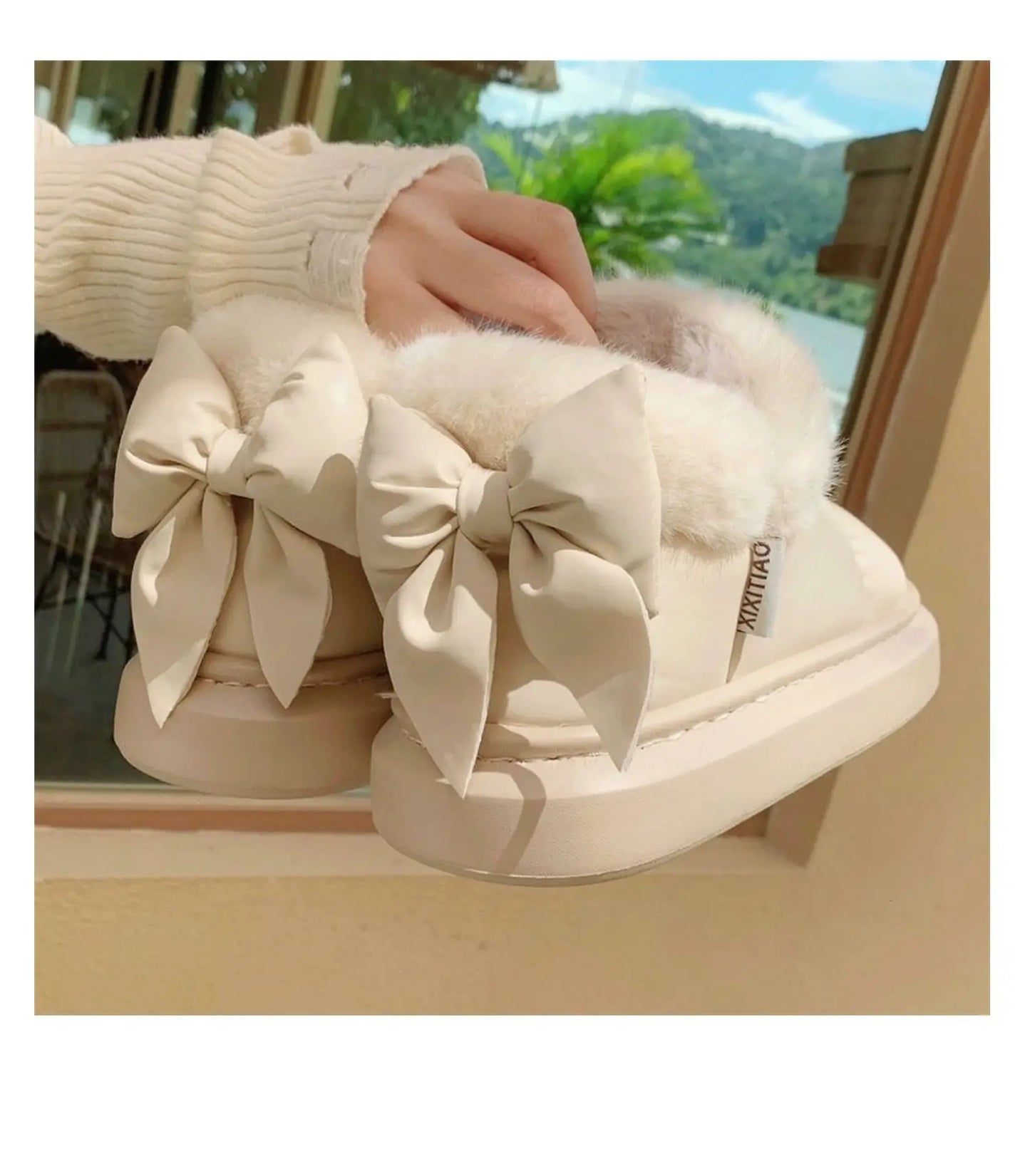 Bow Knot Short Ankle Snow Boots Women Winter Plush And Thick Insulation Waterproof PU Cotton Household Shoes Home Slipper Women