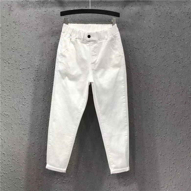 2025 Fashion Summer Women Harem Pants All-matched Casual Cotton Denim Pants Elastic Waist Solid Yellow White Jeans Female 3XL