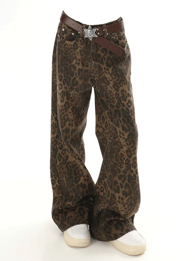 Baggy Leopard Jeans Coquette y2k clothes Women High Waisted Casual Wide Leg Denim Pants Fashion Streetwear Retro Straight Jeans