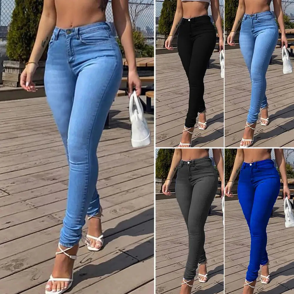 Pantalones ajustados de larga duración, ajustados, largos, ajustados, de cintura media, llamativos, de mezclilla para niña.