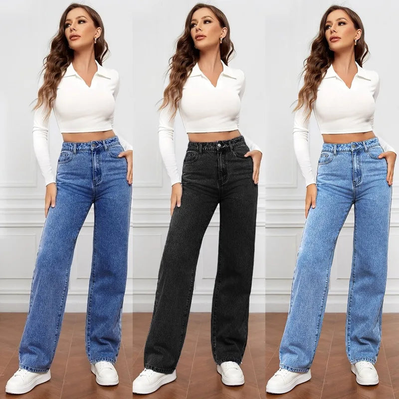 Pantalones vaqueros rectos para mujer, lavados, cintura alta, holgados, bolsillos, básicos, hasta el tobillo, color liso, ligeramente elásticos.