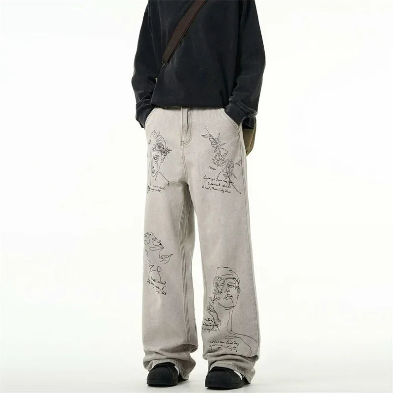 American Retro Graffiti Graphic Printed Jeans For Men Harajuku Fashion Baggy Denim Pants Distressed Y2K Streetwear Jean Trousers