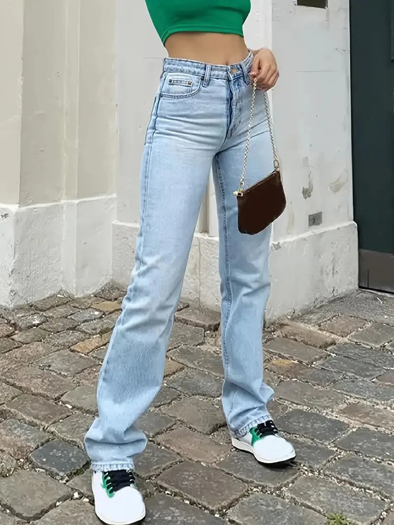 Pantalones vaqueros lavados para mujer, rectos, con bolsillos, cintura alta, hasta el tobillo, holgados, desgastados, lisos, informales, básicos, vintage, 2024