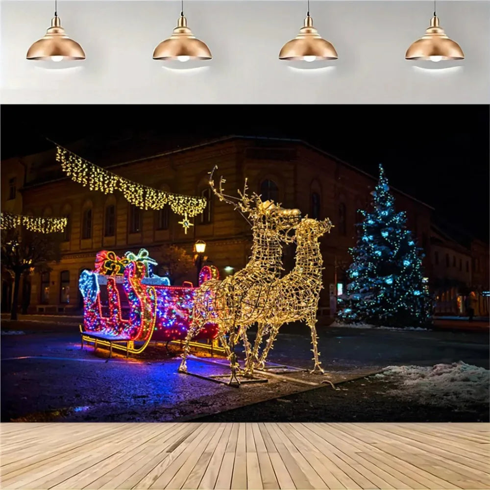 Christmas Reindeer Sleigh Painting Banner Night Elk Lights Christmas Party Photo Home Decoration Photography Background Studio