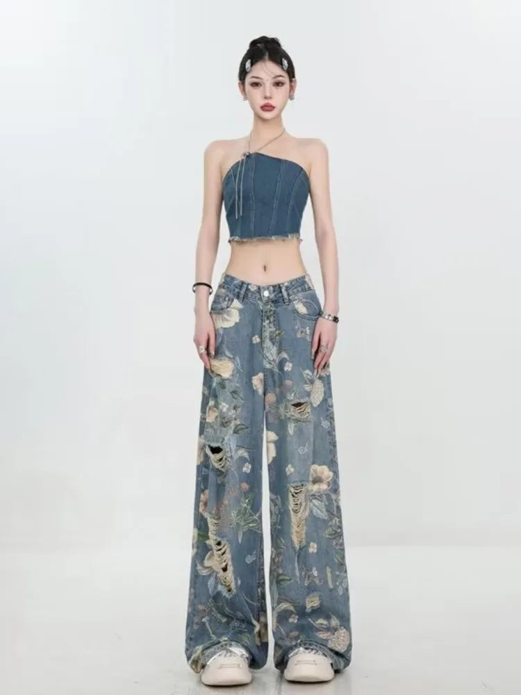 American Street Print Jeans For Women Trendy Style Loose And Versatile Floor-length Wide-leg Pants With A Versatile Design