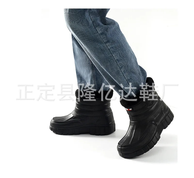 Winter Rain Boots Men Windproof Work Shoes Ankle EVA Rainboots Plush Warm Lightweight Black Slip On Anti-slip Wear-resistant