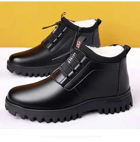 Zapatos de invierno de piel para hombre, de moda, con forro de felpa, cálidos, cómodos, antideslizantes, de algodón, para negocios, para exteriores, informales, botas de nieve, para vacaciones