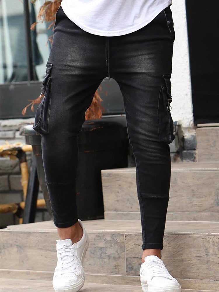 Jeans Men Denim Cargo Pants Wash Solid Color Multi Pockets Casual Mid Waist Trousers Street Elasti Slim Fit Daily Wear Joggers
