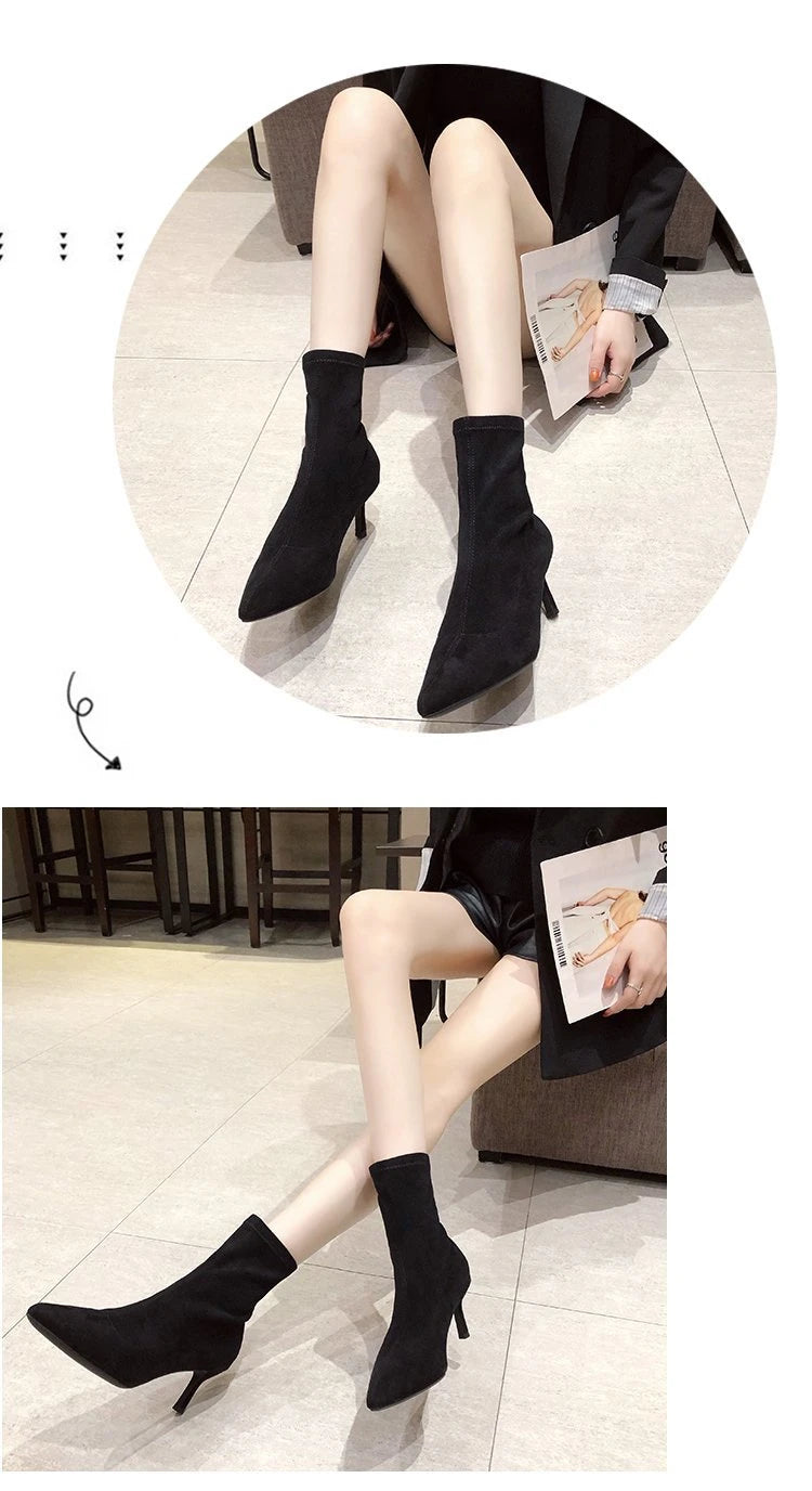 5/7/9CM Luxury Women Black Flock Sock Boots Stiletto Thin High Heels Elastic Knitting Boots Winter Stretch Fabric Ankle Boots
