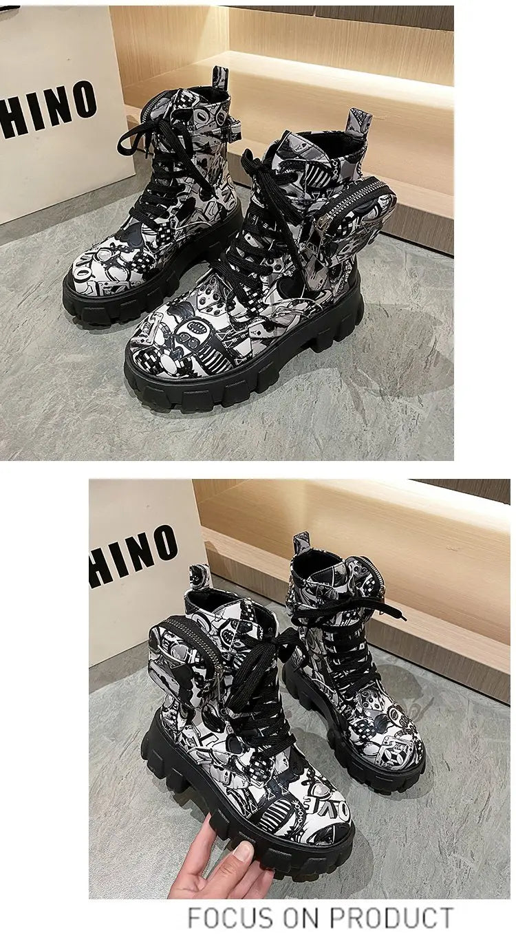 Thick-soled Women's Ankle Boots Fashion Printed Women Shoes High Quality Non-slip Motorcycle Boots New Gothic Style Women Boots