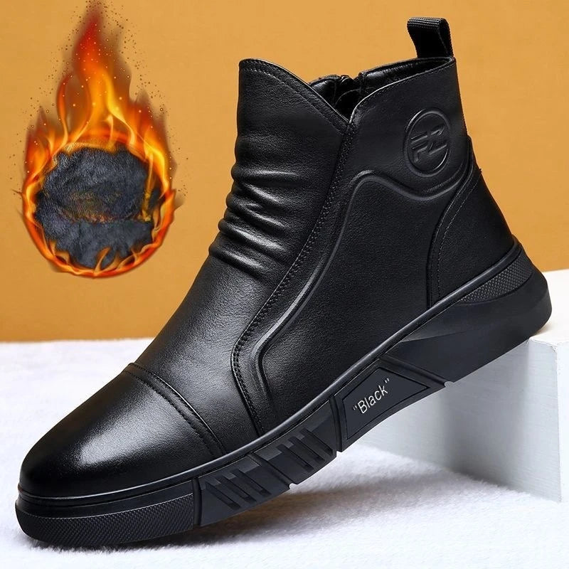 Winter New Fashion Men's Boots Thick Plush Ankle Boots with Thick Soles Black Business Comfortable Leather Shoes tenis masculino