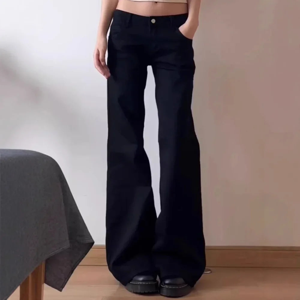 Vaqueros de talla grande estilo americano con cintura baja, anchos y micro acampanados para mujer, corte holgado, versátil y recto, para principios de otoño