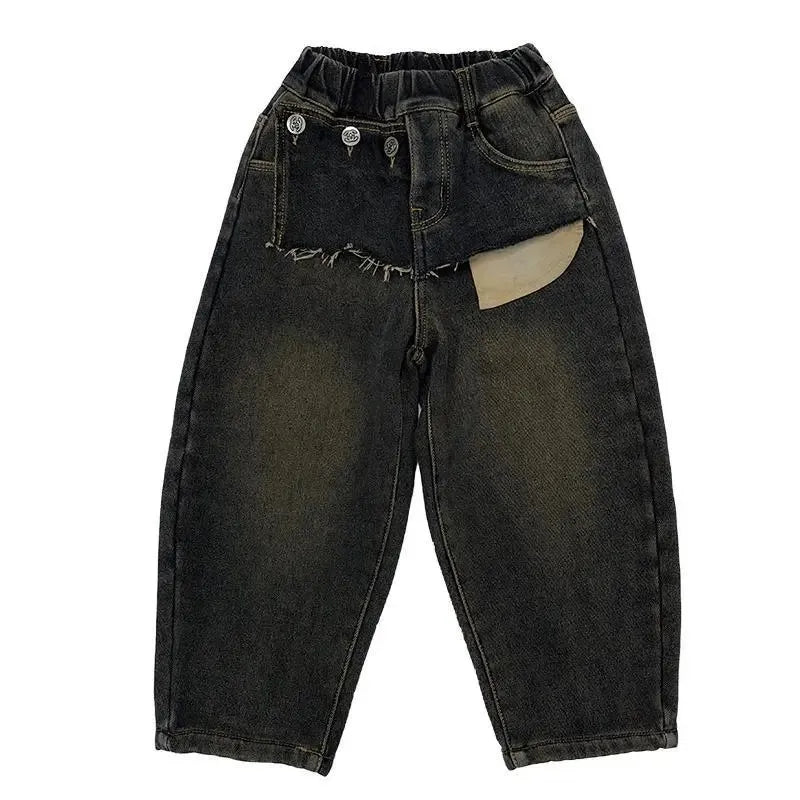 Spring and Autumn Boys' Integrated Velvet Jeans New Korean Splicing Children's Autumn and Winter Thick Velvet Denim Pants