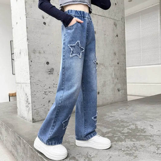 Embroidered Stars Teens Girl Jeans Loose Wide Leg Children Y2K Jeans High Waist Cowboy Pants Girls Denim Trousers Streetwear