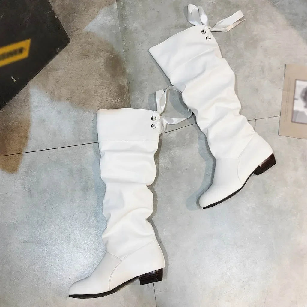 New Fashion Woman’s Autumn Winter Boots Female Stretch PU Leather Shoes Woman Red White Roma Style Knee-Length Plus Size 43