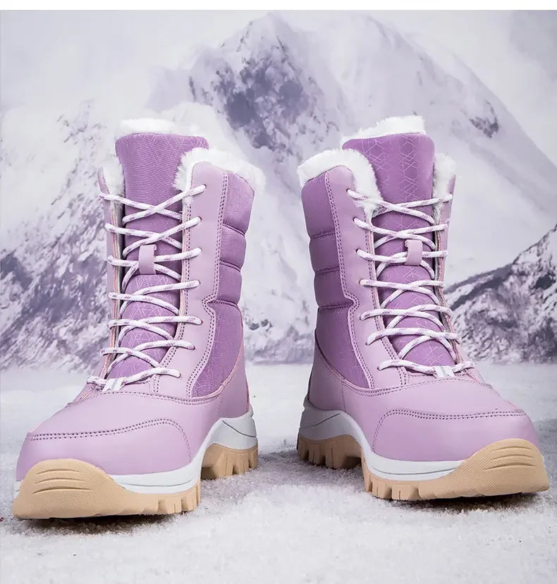 Winter Women's Waterproof High Heel Boots Strap Up Flat Heel Boots Warm Snow Shoes, Plush Outdoor Fashion Casual Boots