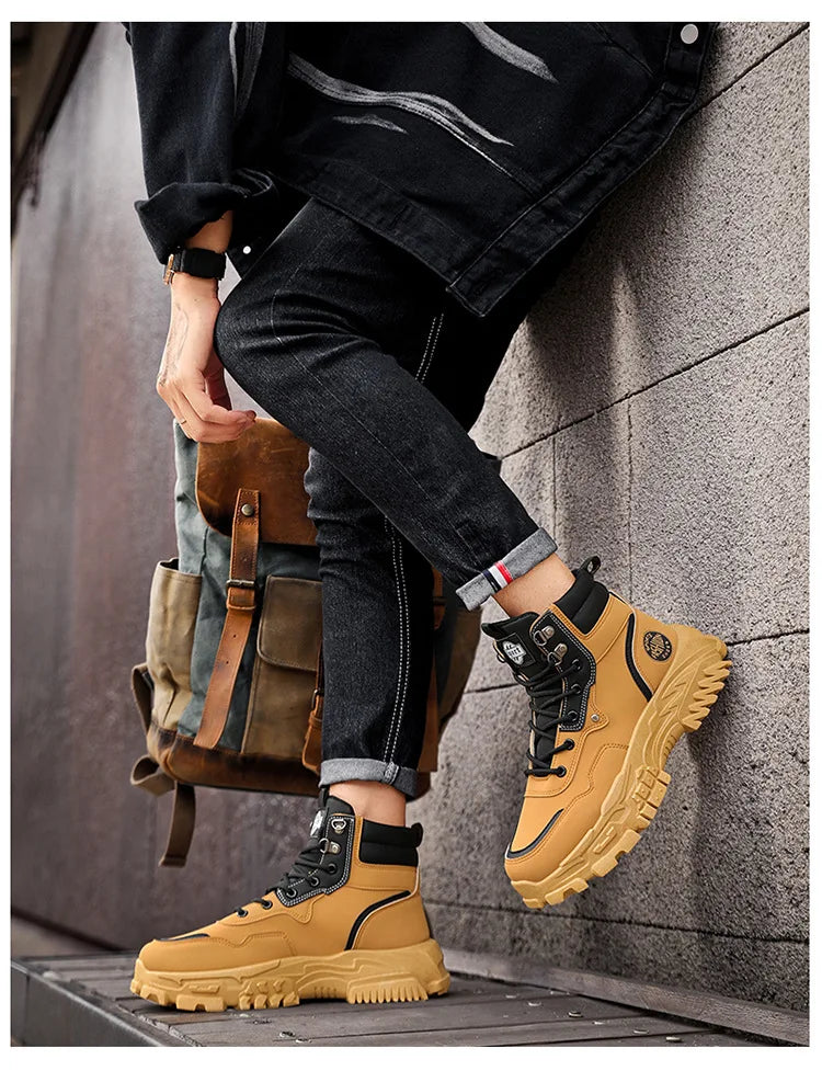 Botas de hombre de algodón, estilo británico, de caña alta, con refuerzos de PU, suela gruesa, cierre de cordones, cómodas y antideslizantes, ideales para deportes de montaña.