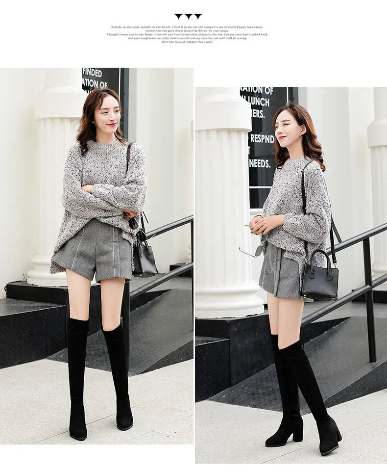 Botas largas elásticas de ante sintético para mujer, botas por encima de la rodilla, zapatos casuales negros sexis con plataforma para discoteca, botas de otoño para mujer