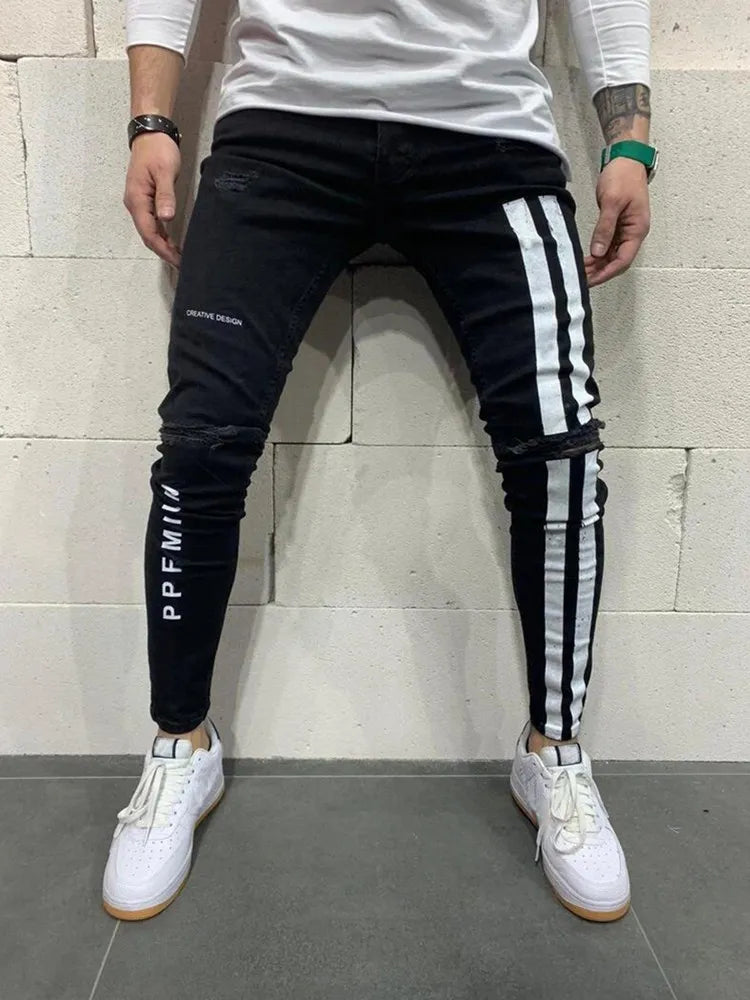 Pantalones vaqueros con estampado de rayas para hombre, de algodón elástico, rotos, ajustados, de alta calidad, estilo hip hop, con agujeros negros, ajustados, de gran tamaño.