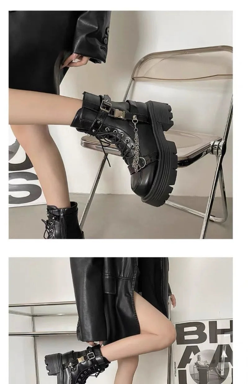 Botas de tobillo para mujer, botas de plataforma góticas de moda, botas cortas británicas, botas de moto para mujer, botas punk con remaches de diseñador, botas