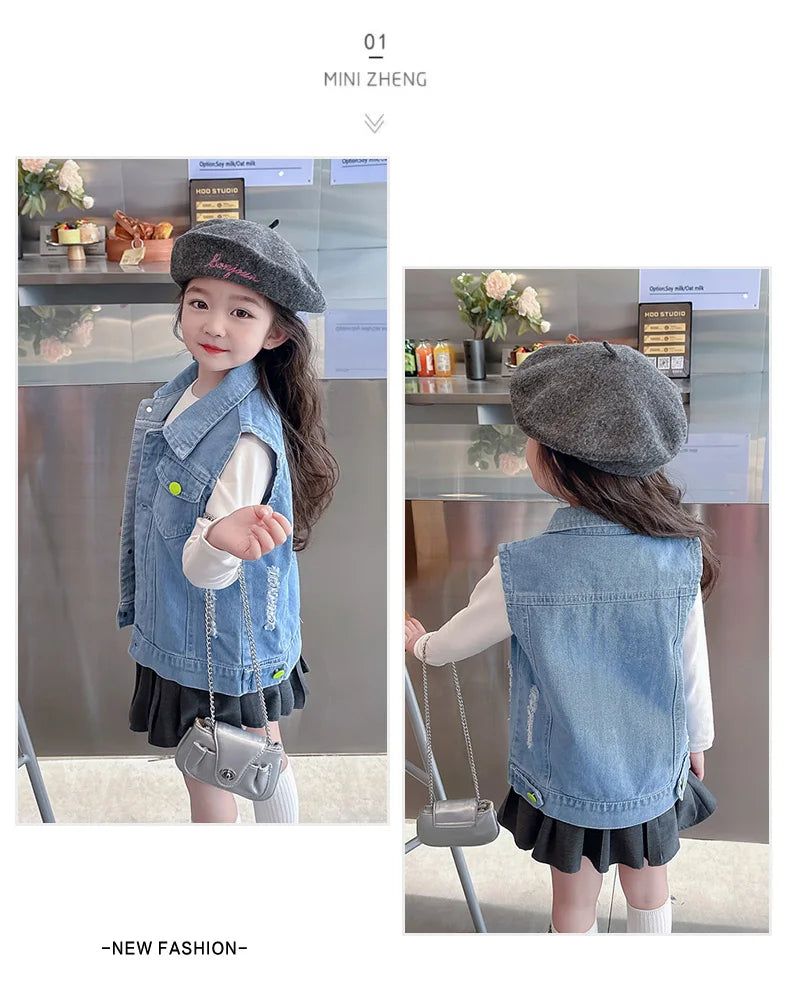 Cool Denim Vest Coat Kids Boys Girl Fashion Ripped Denim Vest Sleeveless Jean Jacket Waistcoat with Pockets Casual School Wear